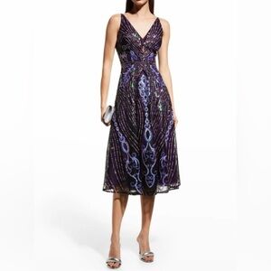3 x $150 Dress The Population purple v-neck sequin fit flair dress XS